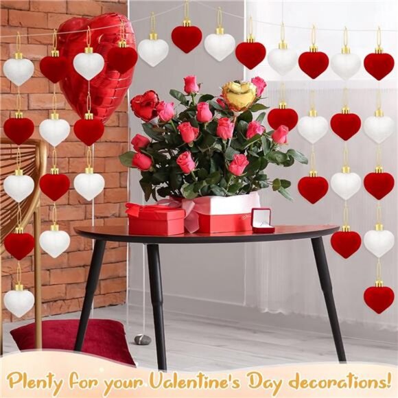 12 Pcs Valentine‘s Day Velvet Heart Ornaments Red White Heart Shaped Baubles - Picture 4 of 7